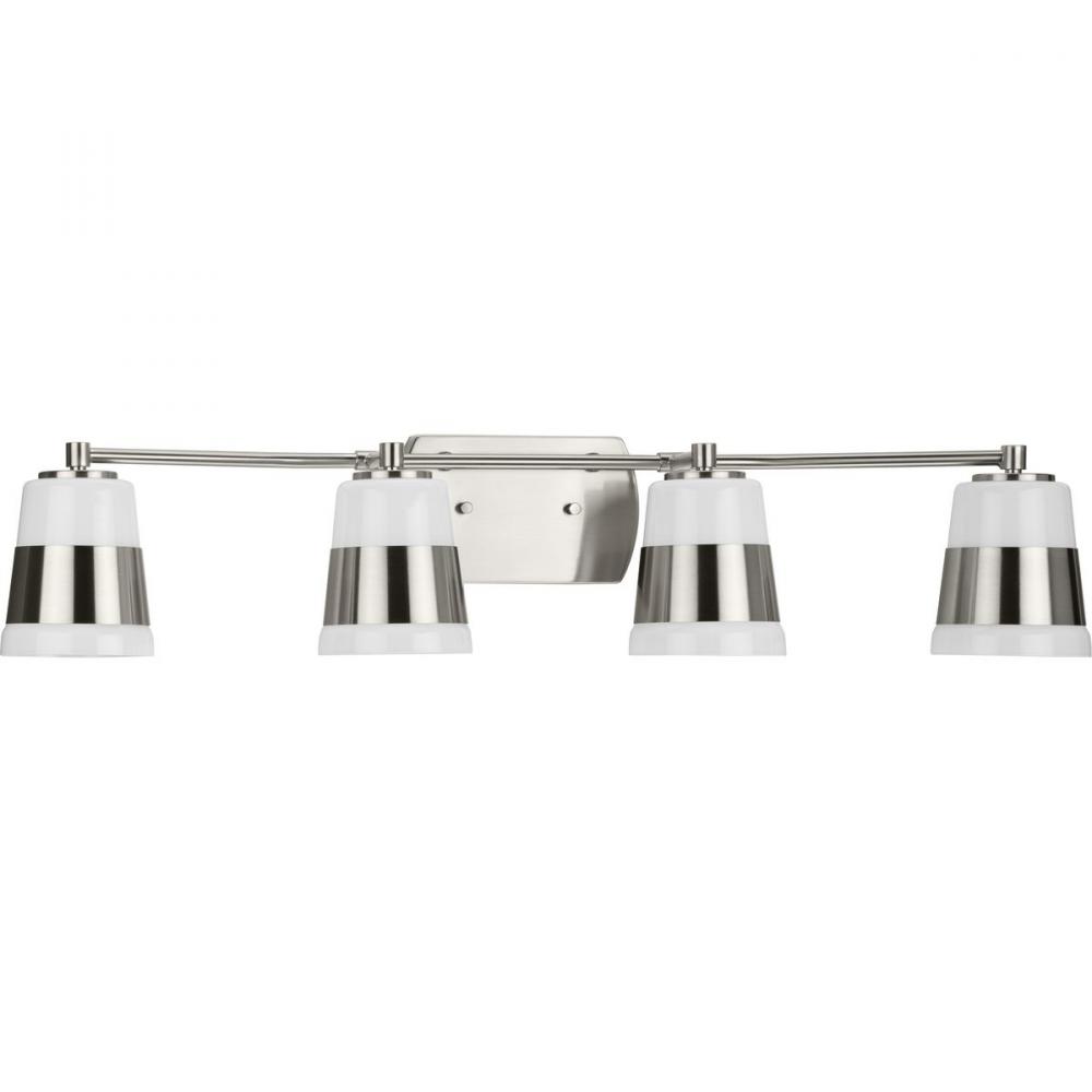 Haven Collection Four-Light Brushed Nickel Opal Glass Luxe Industrial Bath Light