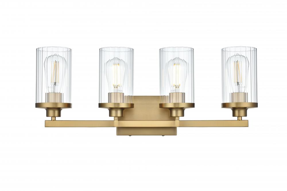 Wall sconce W25"x E5.6" x H9.8"L4 Satin Gold frame with Clear glass